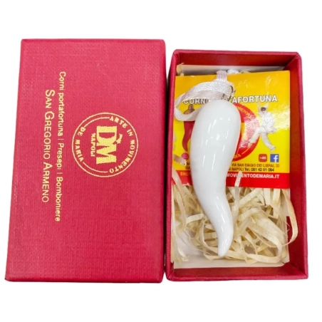 Corno in ceramica bianco in scatola da regalo 7 cm