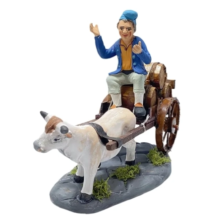 Statuina con mucca al carretto che trasporta vino 10 cm