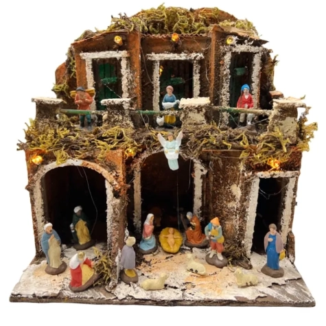 Presepe paesaggio in sughero con pastori e luci 22 cm