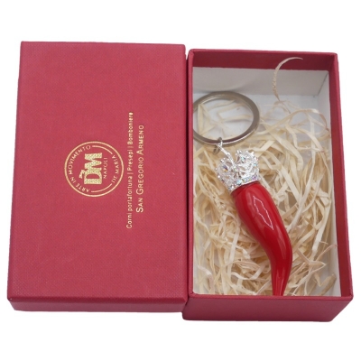 Portachiavi Corno luxury rosso in ceramica 7 cm in scatola regalo