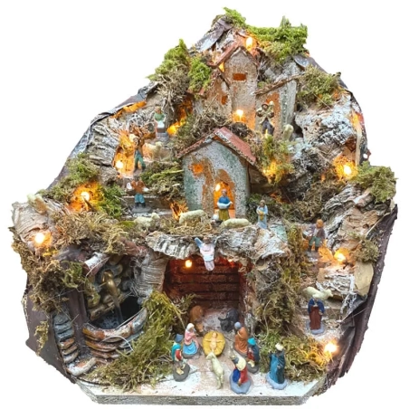 Presepe completo di luci, pastori e fontana in terracotta 27 cm
