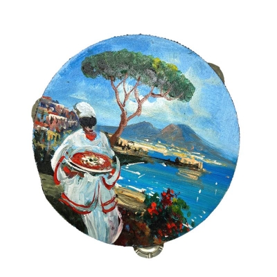 Tamburello in vera pelle con dipinto di Pulcinella o veduta di Napoli 15 cm