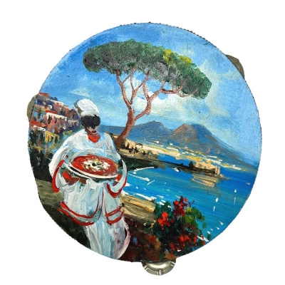 Tamburello in vera pelle con dipinto di Pulcinella o veduta di Napoli 20 cm