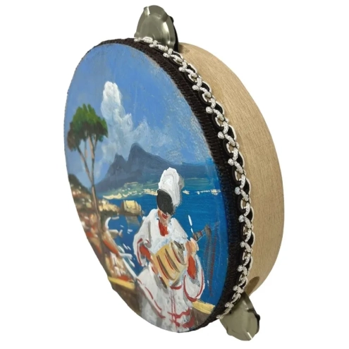 Tamburello in vera pelle con dipinto di Pulcinella o veduta di Napoli 20 cm