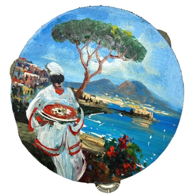 Tamburello in vera pelle con dipinto di Pulcinella o veduta di Napoli 25 cm