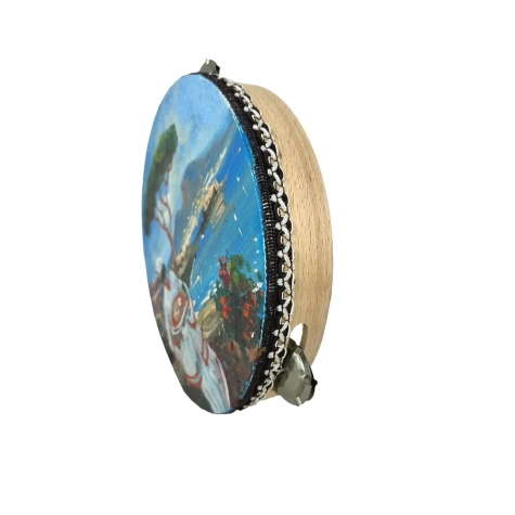 Tamburello in vera pelle con dipinto di Pulcinella o veduta di Napoli 25 cm 2
