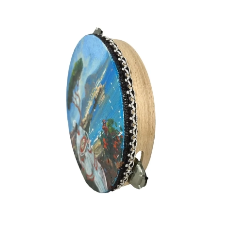 Tamburello in vera pelle con dipinto di Pulcinella o veduta di Napoli 25 cm