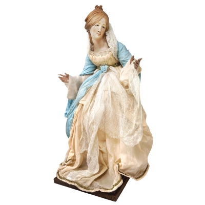 Madonna con occhi in vetro e vestiti in stoffa e arti in legno 35 cm