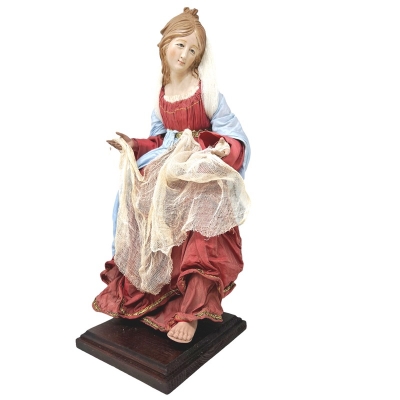 Madonna con occhi in vetro, vestiti in stoffa e arti in legno 35 cm