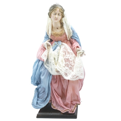 Madonna antica con occhi in vetro e vestiti in stoffa san leucio 35 cm