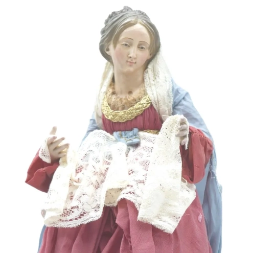 Madonna antica con occhi di vetro e vestiti in stoffa san leucio 35 cm