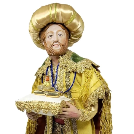Tris di Re Magi con arti in legno occhi in vetro e vestiti in stoffa 35 cm
