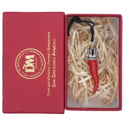 Corno Ciondolo rosso in ceramica in scatola regalo 4 cm