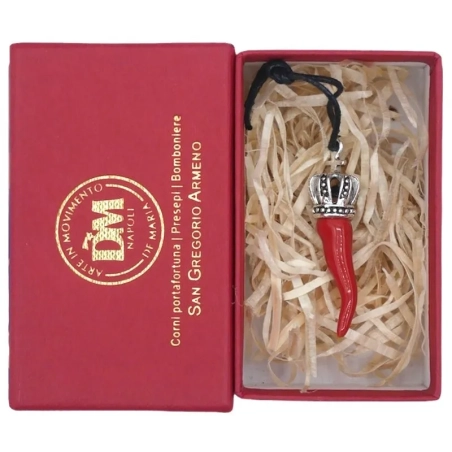 Corno Ciondolo rosso in ceramica in scatola regalo 4 cm
