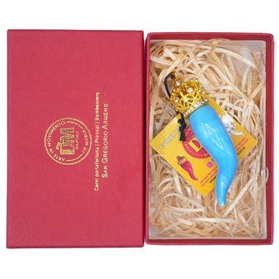 Corno luxury azzurro ceramica in scatola regalo 7 cm