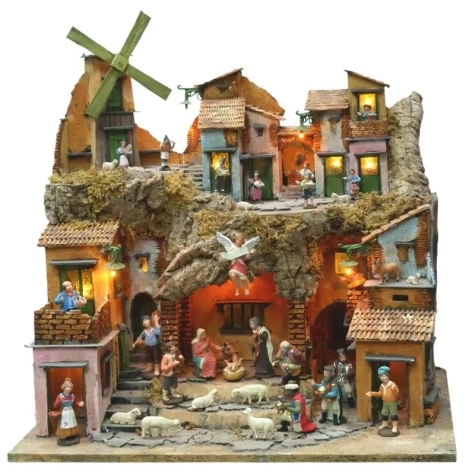 Presepe completo di pastori, luci e mulino a vento 50 cm