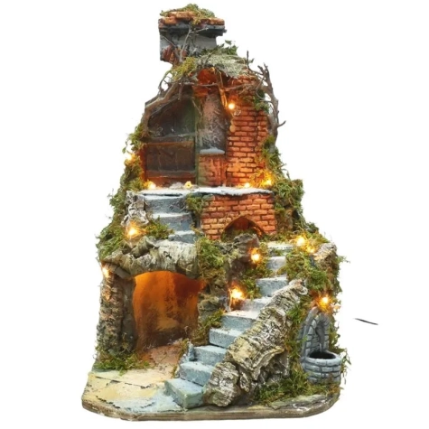 Presepe con tempio stile completo di pastori, luci e fontana 45 cm 2