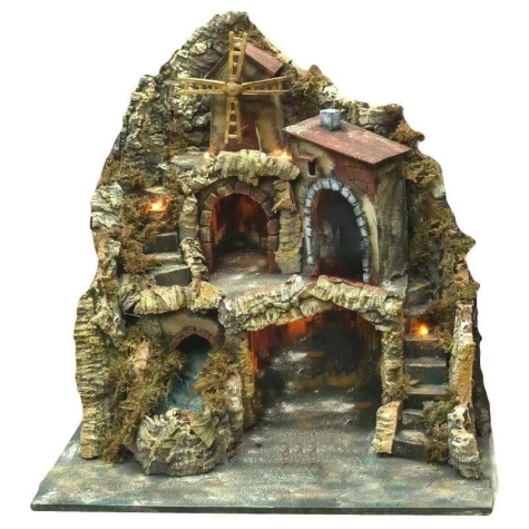 Presepe con cascata,luci e mulino 50 cm