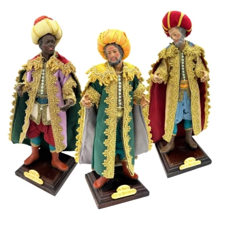 Tris di Re Magi occhi in vetro e vestiti in stoffa san leucio 25 cm