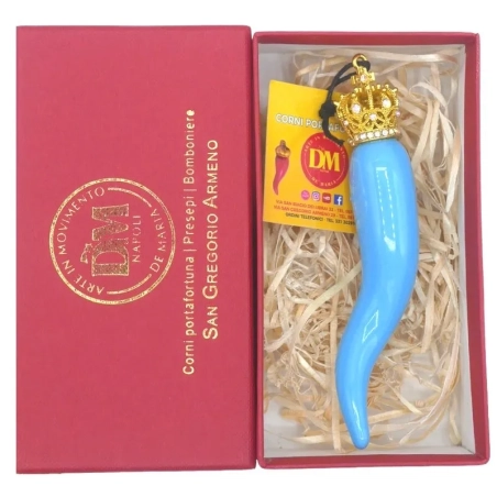 Corno luxury azzurro in ceramica 11 cm in scatola regalo