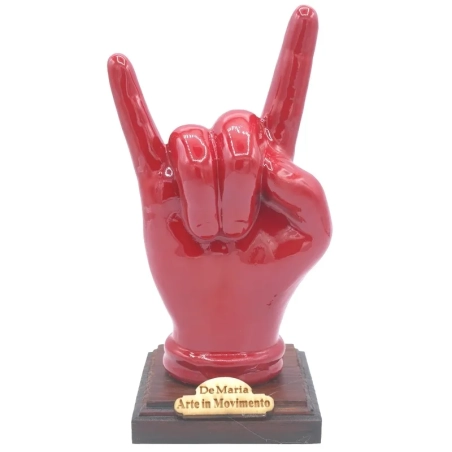 Corna mano rossa su base in legno 16 cm