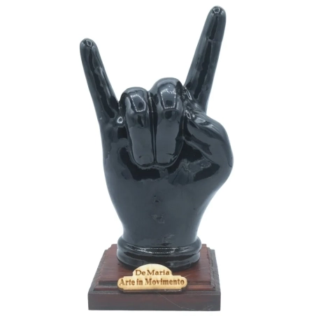 Corna mano nera su base in legno 16 cm