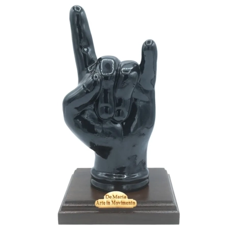 Corna mano nera su base in legno 21 cm