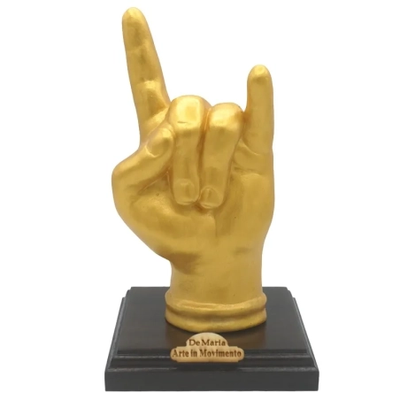 Corna mano oro su base in legno 21 cm