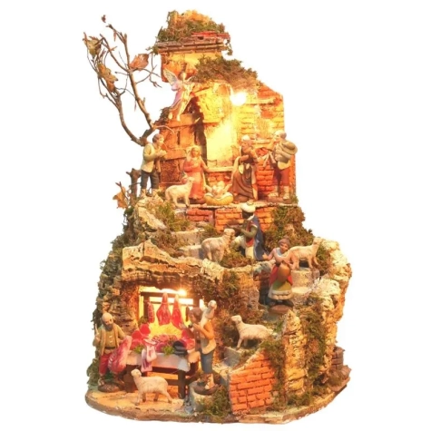 Presepe con tempio stile completo di pastori, luci e fontana 45 cm
