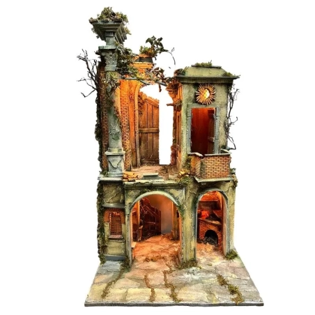 Presepe con tempio stile 700 con luci per pastori da 20 cm