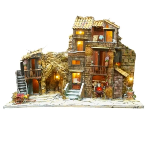 Presepe completo di pastori, luci, fontana e forno da 60 cm