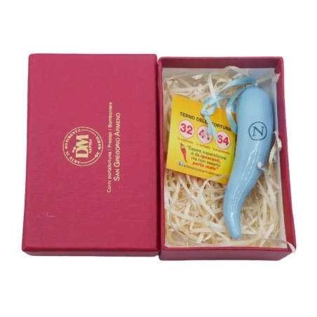 Corno in ceramica azzurro del Napoli 6 cm con scatola regalo