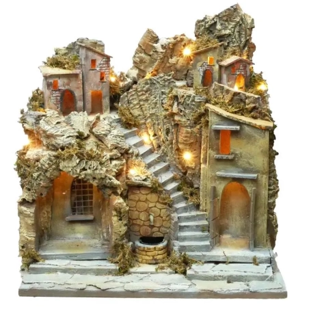 Presepe completo di fontana, pastori e luci 50 cm