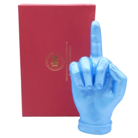 Mano dito medio azzurro metalizzato in ceramica 18 cm