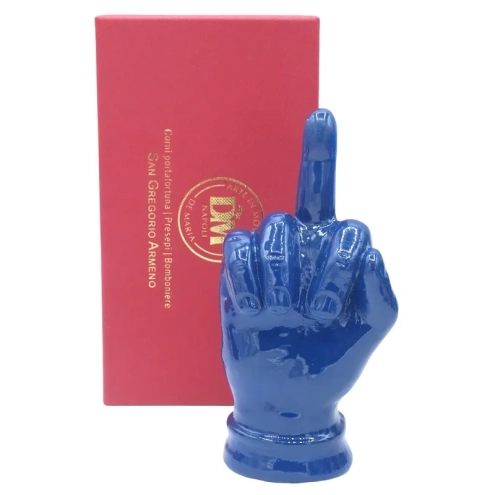 Mano dito medio blu notte in ceramica 12 cm