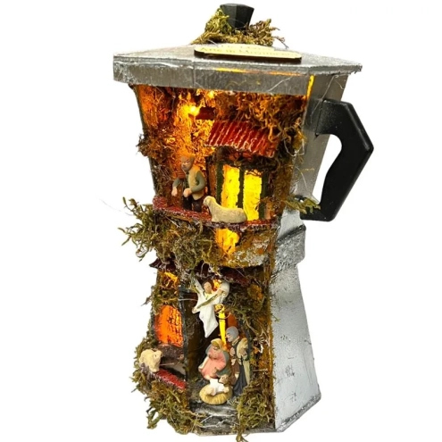 Presepe in caffettiera Moka con pastori e luci 25 cm