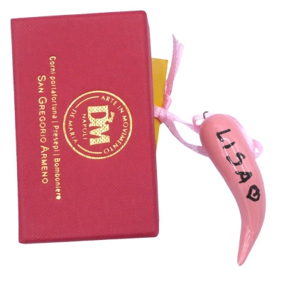Corno in ceramica rosa 6 o 9 cm personalizzato in scatola regalo