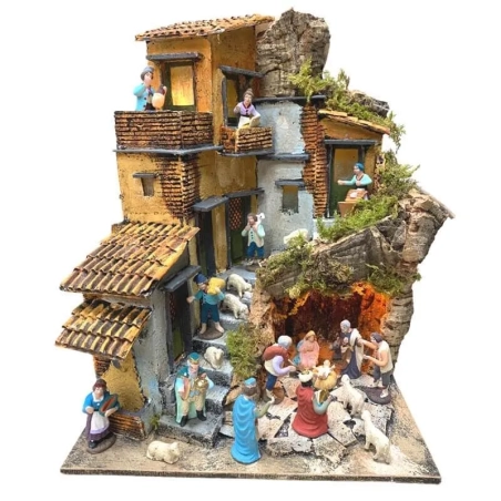 Presepe in sughero completo di pastori e luci 26 cm