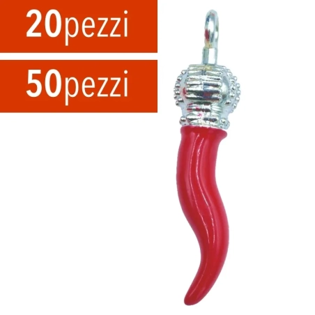 20 o 50 Ciondoli con corno rosso in metallo 5 o 6cm