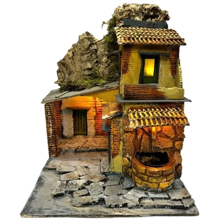 Presepe con luci e fontana in terracotta 27 cm