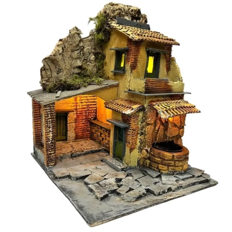 Presepe con luci e fontana in terracotta 27 cm