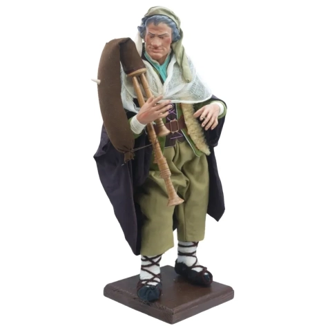 Zampognaro con zampogna con occhi in vetro e vestiti in stoffa san leucio 35 cm