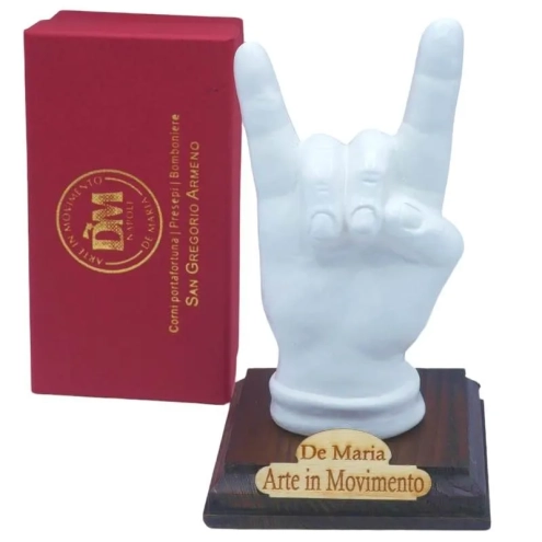 Corna mano bianca in ceramica 12 cm con base in legno