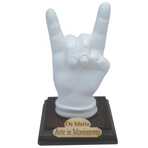 Corna mano bianca in ceramica 12 cm con base in legno