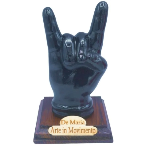 Corna mano nera in ceramica 12 cm con base in legno