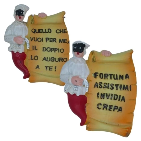 Pulcinella con frase scaramantica in resina con magnete 6 cm