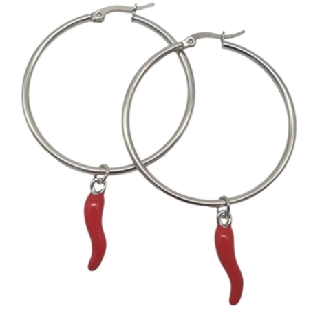 Coppia di orecchini con corno portafortuna rosso 4 cm