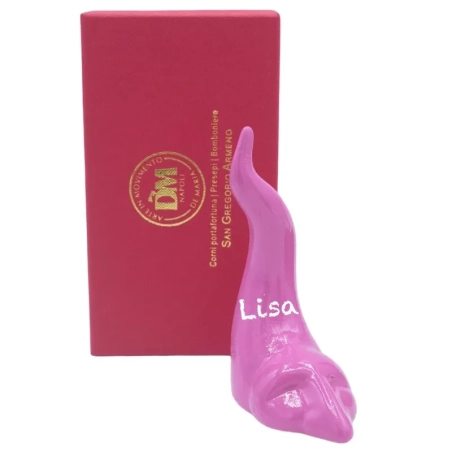 Corno Pulcinella fucsia in ceramica 10 o 12 cm personalizzato in scatola regalo