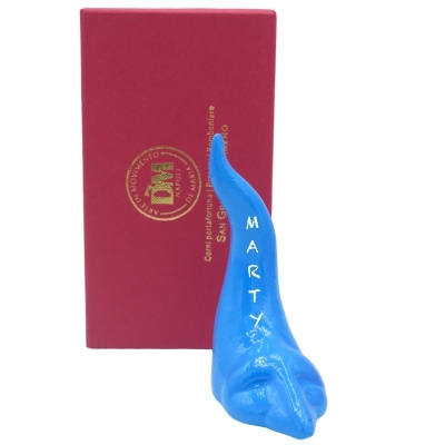 Corno Pulcinella azzurro in ceramica 10 o 12 cm personalizzato in scatola regalo