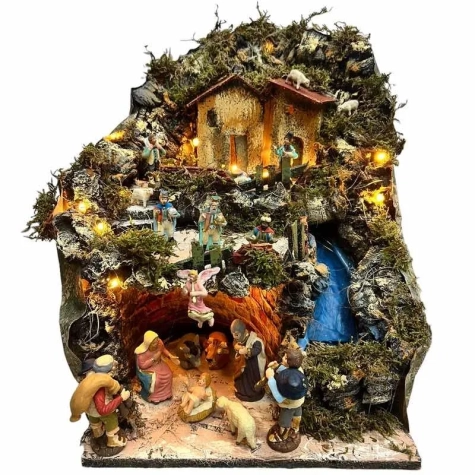 Presepe in sughero con cascata luci e pastori 35 cm